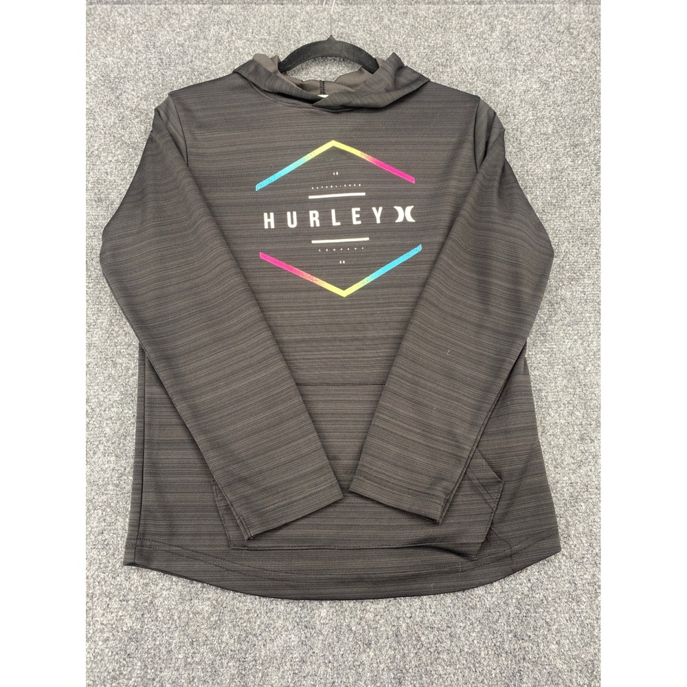Hurley Boys Hoodie L 12-13 Gray Neon Logo Activewear Performance Sweatshirt 2207